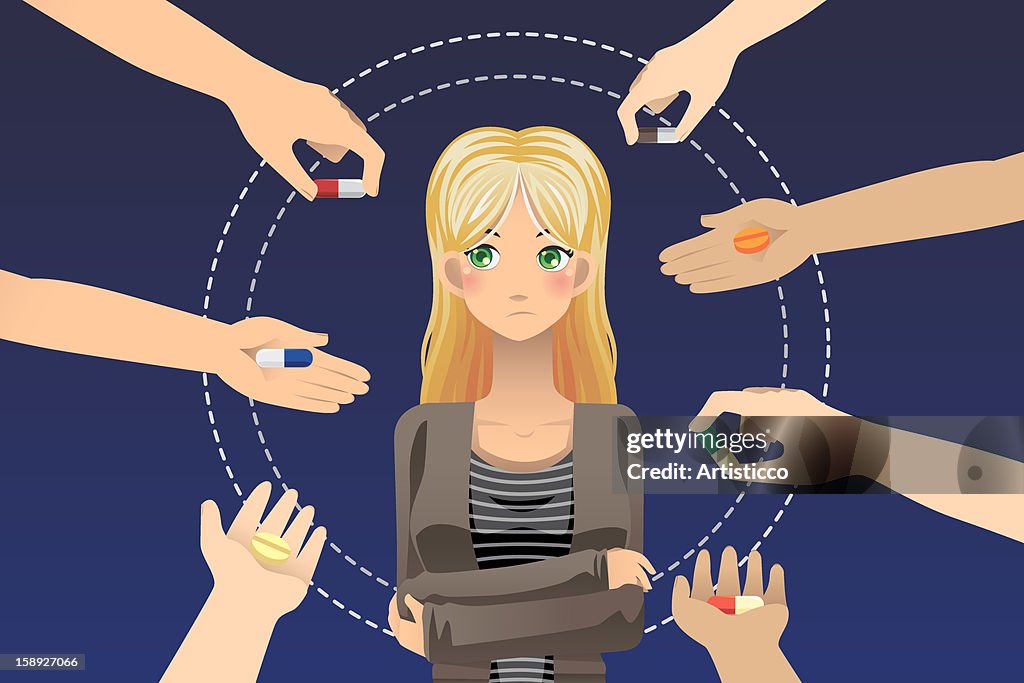 Hands offering a woman different pills