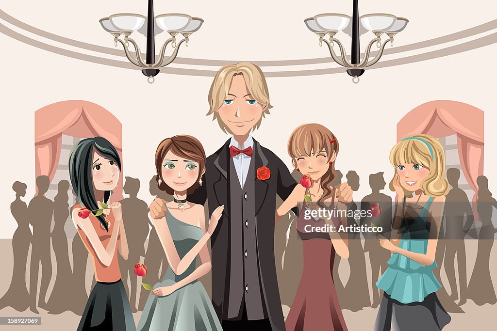 A man with a group of women who are holding roses