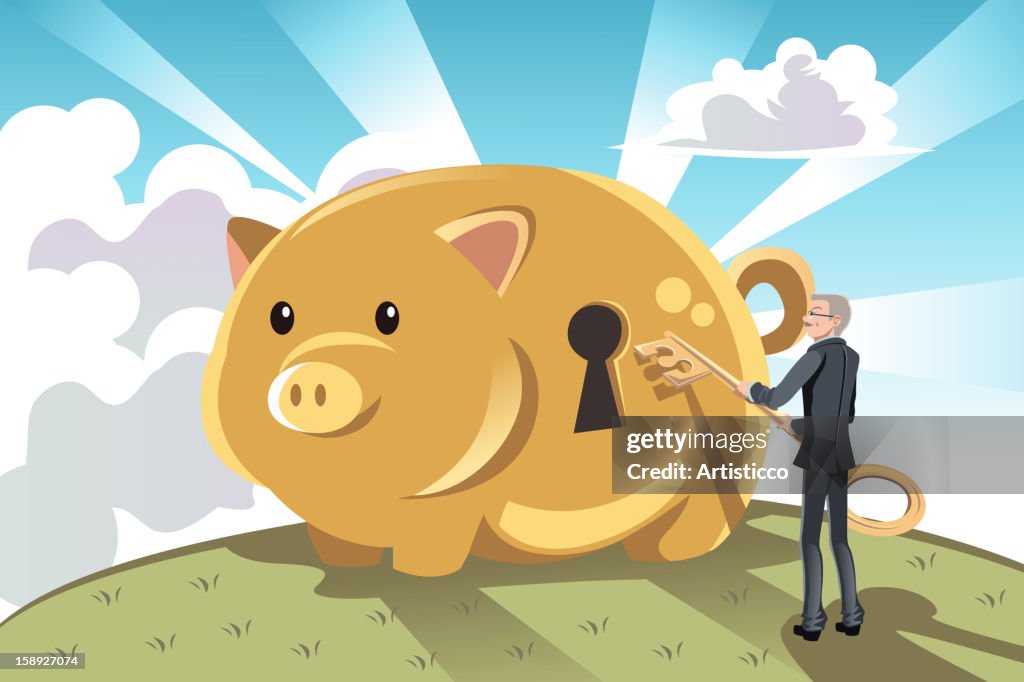 A man unlocking a giant piggy bank