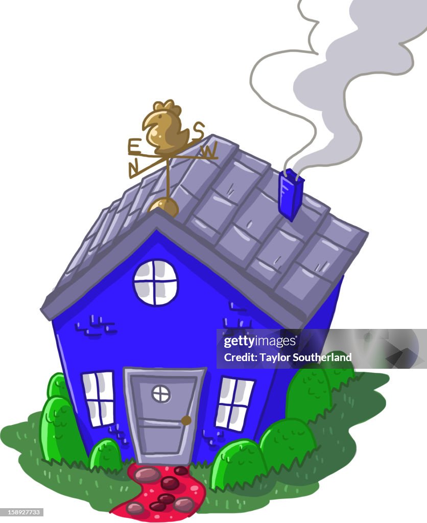 A blue house with smoke coming out of the chimney