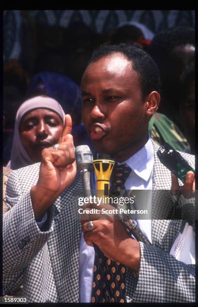 Hussein Mohammed Aidid speaks to the press March 16, 1999 in Mogadishu, Somalia. Aidid replaced his father Mohammed Farah Aidid and controls one...