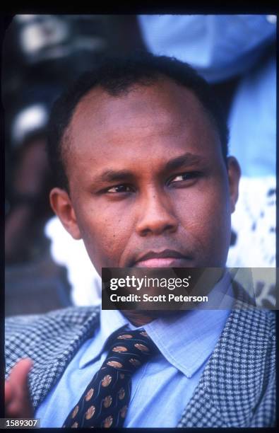 Hussein Mohammed Aidid speaks to the press March 16, 1999 in Mogadishu, Somalia. Aidid replaced his father Mohammed Farah Aidid and controls one...