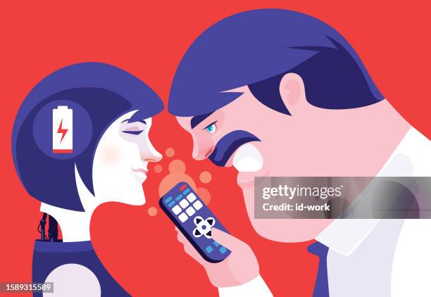 angry man holding remote control and trying to operate low battery robot woman - robotics alive stock illustrations