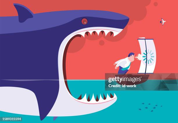 businessman blowing sail in boat while big shark following - slow computer stock illustrations