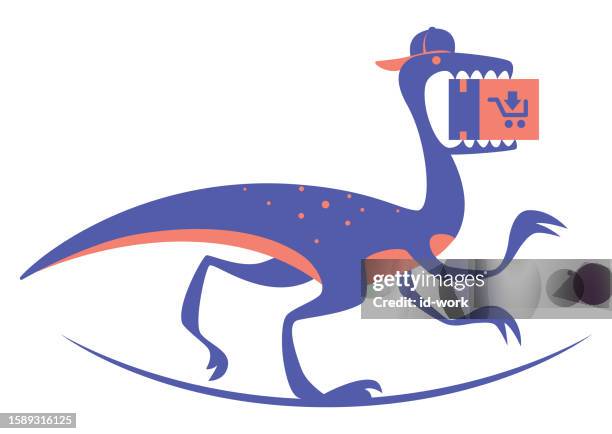 stockillustraties, clipart, cartoons en iconen met courier velociraptor carrying parcel and running - jogger face