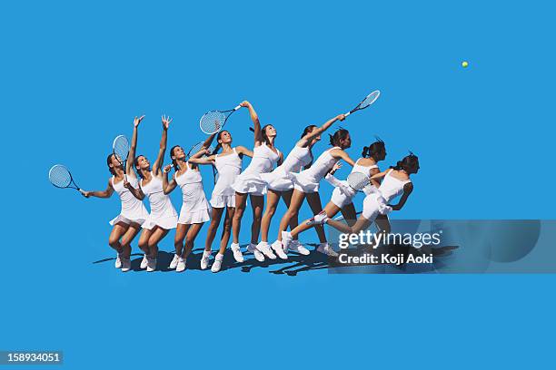 multiple exposures of a young female tennis player serving - multiple exposure movement stock pictures, royalty-free photos & images