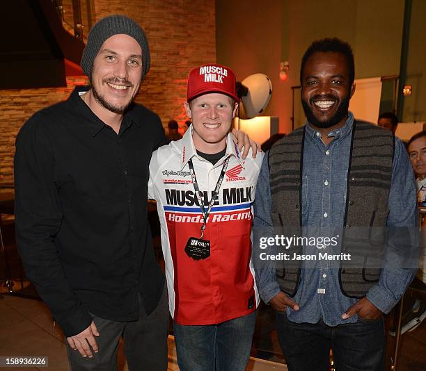 Director Jason Bergh, supercross champion Trey Canard, and producer Sal Masekela attend the Trey Canard "REvival 41" premiere held at UltraLuxe...