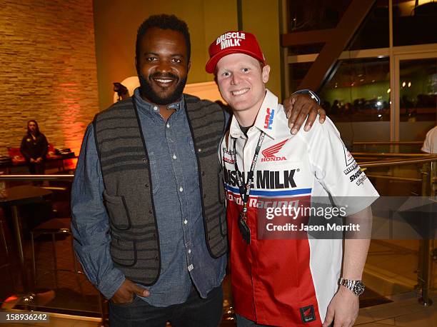 Producer Sal Masekela and supercross champion Trey Canard attend the Trey Canard "REvival 41" premiere held at UltraLuxe Cinemas at Anaheim...