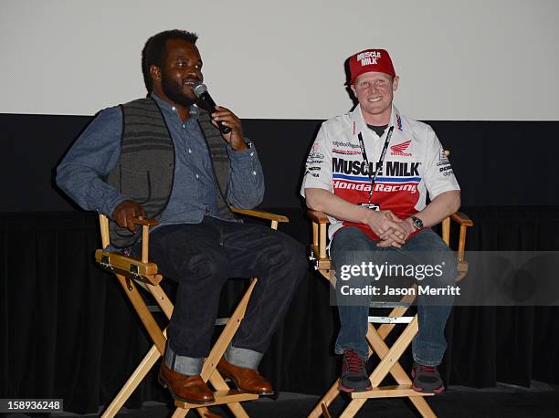 Producer Sal Masekela and supercross champion Trey Canard attend the Trey Canard "REvival 41" premiere held at UltraLuxe Cinemas at Anaheim...