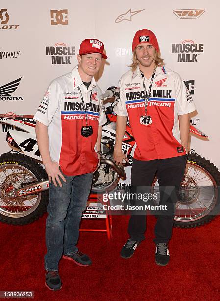 Supercross champion Trey Canard and rider Justin Barcia attend the Trey Canard "REvival 41" premiere held at UltraLuxe Cinemas at Anaheim GardenWalk...