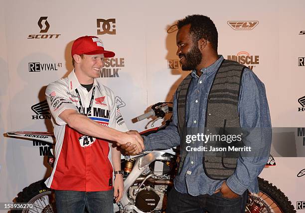 Producer Sal Masekela and supercross champion Trey Canard attend the Trey Canard "REvival 41" premiere held at UltraLuxe Cinemas at Anaheim...