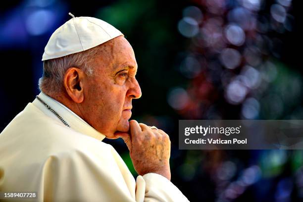 Pope Francis meets students at Portugal's Catholic University on August 03, 2023 in Lisbon, Portugal. Pope Francis visits Portugal for World Youth...
