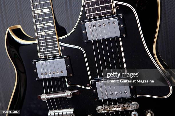 Close-up of a double-necked Gibson Les Paul electric guitar owned by English progressive rock guitarist Steve Howe, photographed during a shoot for...
