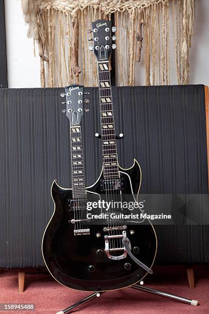Double-necked Gibson Les Paul electric guitar owned by English progressive rock guitarist Steve Howe, photographed during a shoot for Guitarist...