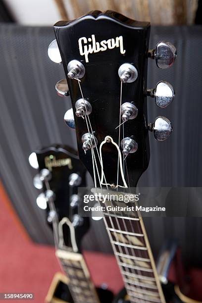 The headstock of a double-necked Gibson Les Paul electric guitar owned by English progressive rock guitarist Steve Howe, photographed during a shoot...
