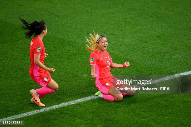 Cho Sohyun of Korea Republic celebrates after scoring her team's first goal during the FIFA Women's World Cup Australia & New Zealand 2023 Group H...
