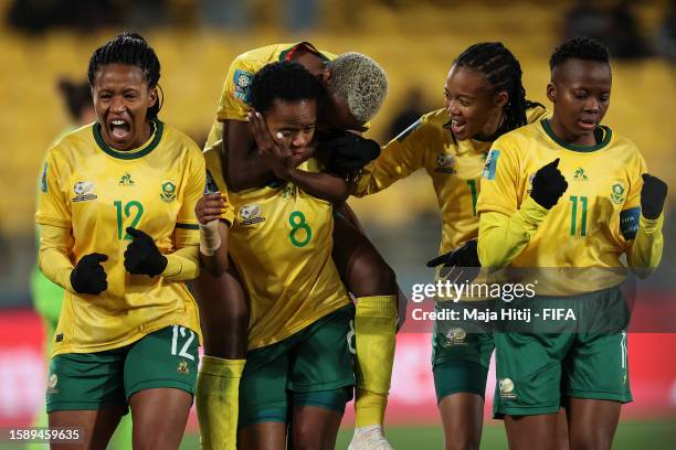 Hildah Magaia of South Africa celebrates with teammates after scoring her team's second goal during the FIFA Women's World Cup Australia & New...