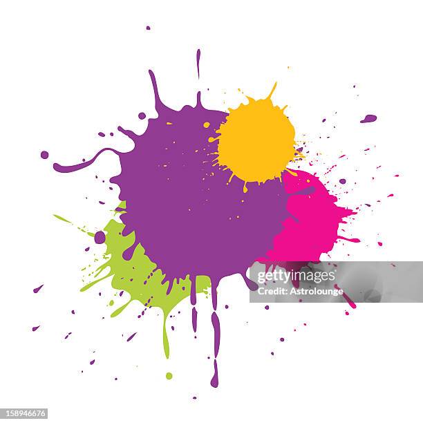 multicolored splattered drops of paint on a white background - action painting stock illustrations