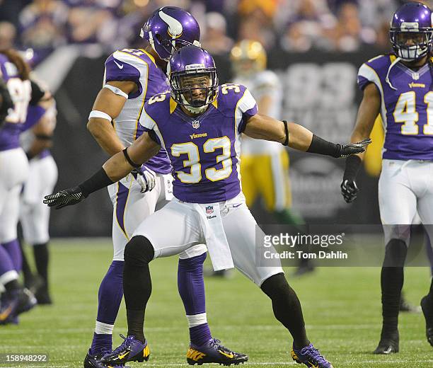 Jamarca Sanford of the Minnesota Vikings celebrates during an NFL game against the Green Bay Packers at the Hubert H. Humphrey Metrodome, on December...