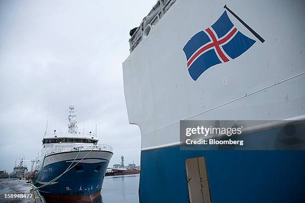 National flag is seen on the hull of a commercial fishing vessel moored in the harbor in Reykjavik, Iceland, on Wednesday, Jan. 2, 2013. Creditors of...