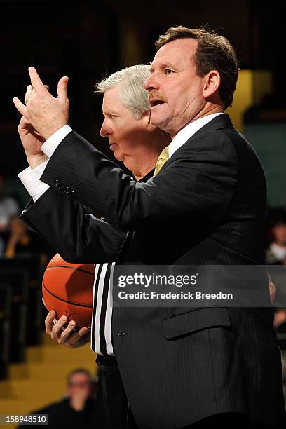 Head coach Tony Shaver of William and Mary coaches against the Vanderbilt Commodores at Memorial Gym on January 2, 2013 in Nashville, Tennessee.