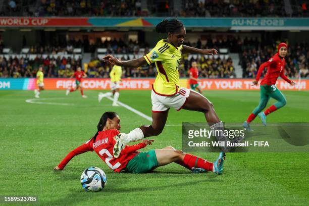 Linda Caicedo of Colombia is tackled by Zineb Redouani of Morocco during the FIFA Women's World Cup Australia & New Zealand 2023 Group H match...