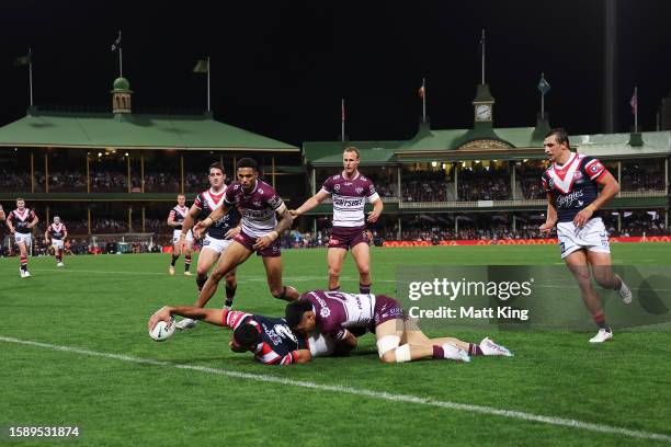 Daniel Tupou of the Roosters scores a try during the round 23 NRL match between the Sydney Roosters and Manly Sea Eagles at Sydney Cricket Ground on...