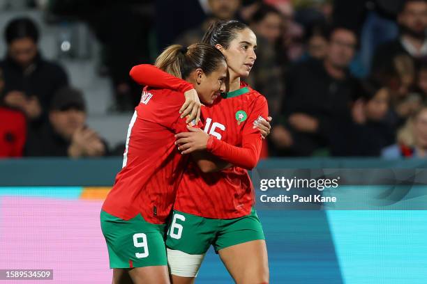 Anissa Lahmari of Morocco celebrates with teammate Ibtissam Jraidi after scoring her team's first goal during the FIFA Women's World Cup Australia &...