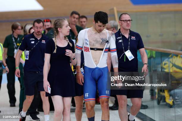 Charlie Tanfield of Great Britain injured after falling during the men elite team pursuit - qualification in the 96th UCI Cycling World Championships...