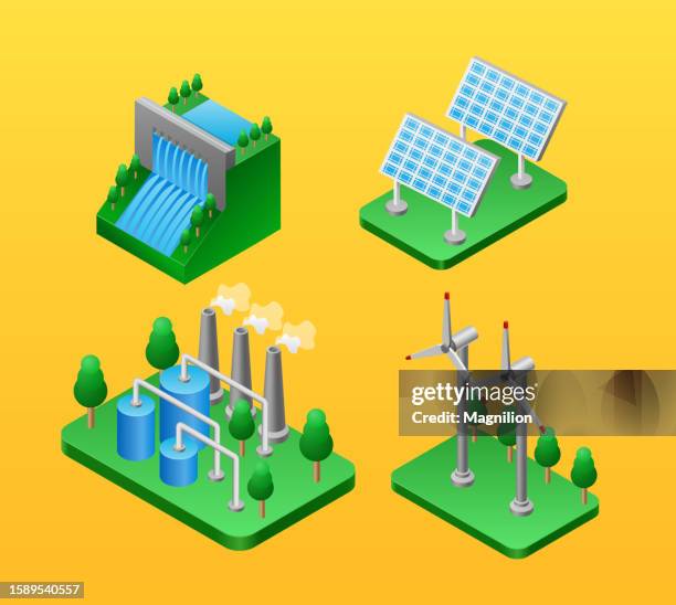 green energy, renewable energy isometric vector - wind energy storage stock illustrations