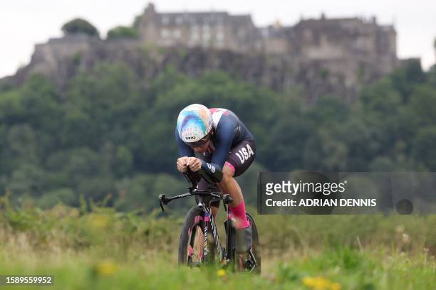 Rider Chloe Dygert takes part in the women's Individual Time Trial in Stirling during the UCI Cycling World Championships in Scotland on August 10,...