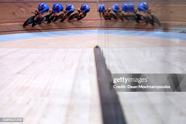 General view of Simone Consonni of Italy, Filippo Ganna of Italy, Francesco Lamon of Italy, Jonathan Milan of Italy compete during the men elite team...