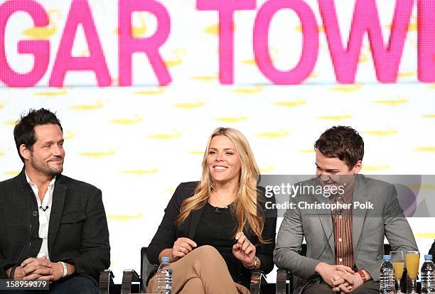 Actors Josh Hopkins, Busy Phillips and Dan Byrd of "Cougar Town" speak onstage during Turner Broadcasting's 2013 TCA Winter Tour at Langham Hotel on...