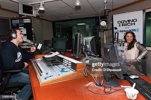 Host Rich Davis interviews Miss Universe Olivia Culpo during her visit to "The Covino & Rich Show"at the SiriusXM Studios on January 4, 2013 in New...