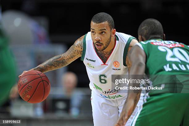 Marcus Williams, #6 of Unicaja Malaga in action during the 2012-2013 Turkish Airlines Euroleague Top 16 Date 2 between Zalgiris Kaunas v Unicaja...