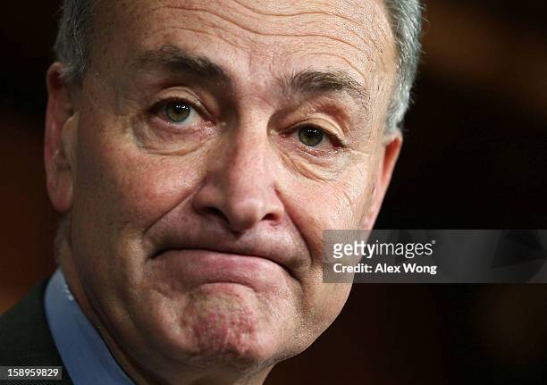 Sen. Charles Schumer pauses as he speaks to the media during a news conference January 4, 2013 on Capitol Hill in Washington, DC. Schumer and Sen....