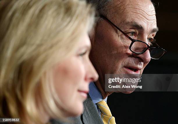 Sen. Charles Schumer and Sen. Kirsten Gillibrand speak to the media during a news conference January 4, 2013 on Capitol Hill in Washington, DC....