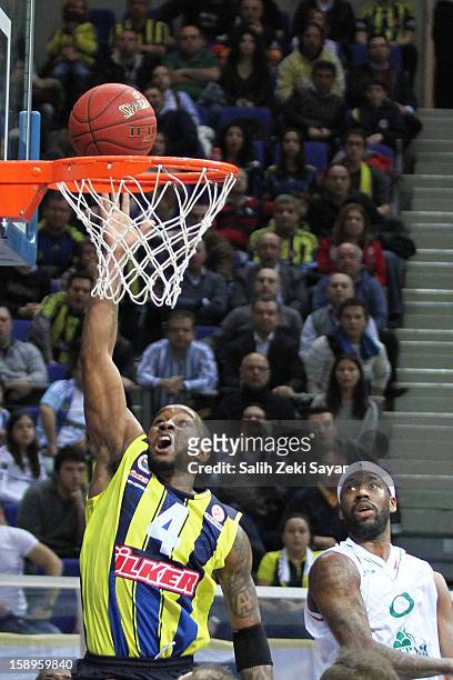 Bo McCalebb of Fenerbahce Ulker competes with Bobby Brown of Montepaschi Siena during the 2012-2013 Turkish Airlines Euroleague Top 16 Date 2 between...