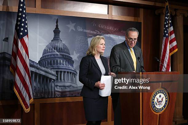 Sen. Charles Schumer and Sen. Kirsten Gillibrand speak to the media during a news conference January 4, 2013 on Capitol Hill in Washington, DC....