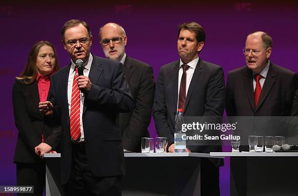 Stephan Weil , Mayor of Hanover and gubernatorial candidate of the German Social Democrats in elections in Lower Saxony, speaks during an SPD state...