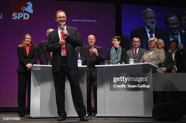 Stephan Weil , Mayor of Hanover and gubernatorial candidate of the German Social Democrats in elections in Lower Saxony, speaks during an SPD state...