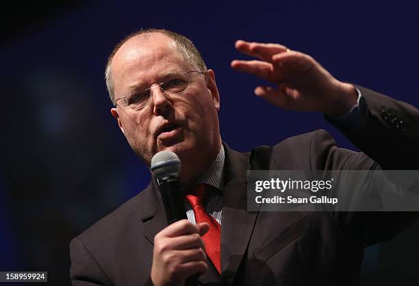 Peer Steinbrueck, chancellor candidate of the German Social Democrats , speaks at a Lower Saxony SPD state election rally on January 4, 2013 in...