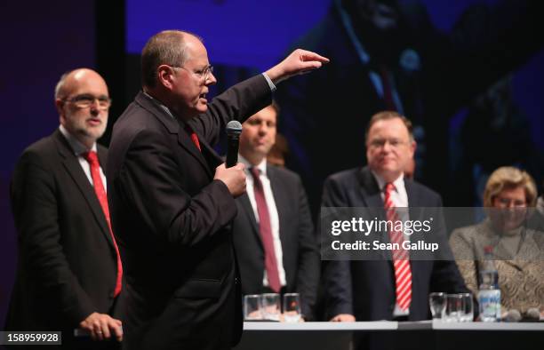 Peer Steinbrueck, chancellor candidate of the German Social Democrats , speaks at a Lower Saxony SPD state election rally on January 4, 2013 in...