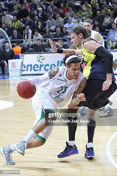 Daniel Hackett of Montepaschi Siena competes with David Andersen of Fenerbahce Ulker during the 2012-2013 Turkish Airlines Euroleague Top 16 Date 2...