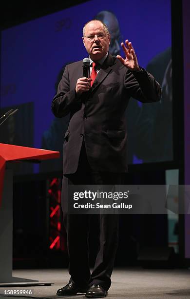 Peer Steinbrueck, chancellor candidate of the German Social Democrats , speaks at a Lower Saxony SPD state election rally on January 4, 2013 in...