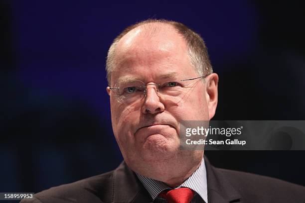 Peer Steinbrueck, chancellor candidate of the German Social Democrats , attends a Lower Saxony SPD state election rally on January 4, 2013 in Emden,...
