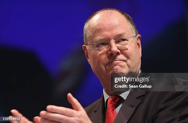 Peer Steinbrueck, chancellor candidate of the German Social Democrats , attends a Lower Saxony SPD state election rally on January 4, 2013 in Emden,...