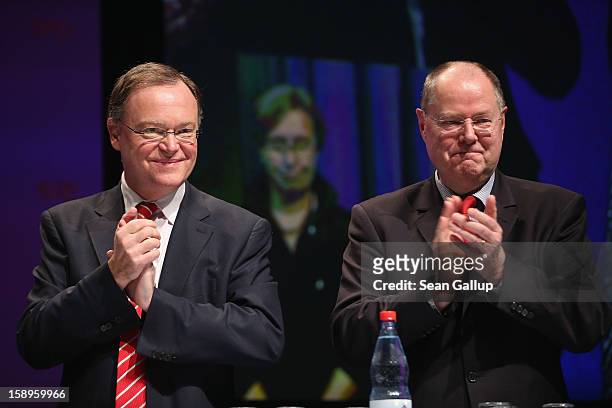 Stephan Weil , Mayor of Hanover and gubernatorial candidate of the German Social Democrats in elections in Lower Saxony, and Peer Steinbrueck,...