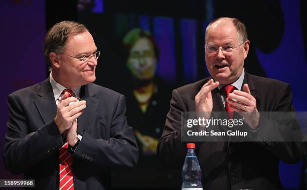 Stephan Weil , Mayor of Hanover and gubernatorial candidate of the German Social Democrats in elections in Lower Saxony, and Peer Steinbrueck,...