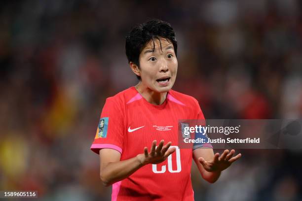 Kim Hyeri of Korea Republic reacts during the FIFA Women's World Cup Australia & New Zealand 2023 Group H match between South Korea and Germany at...